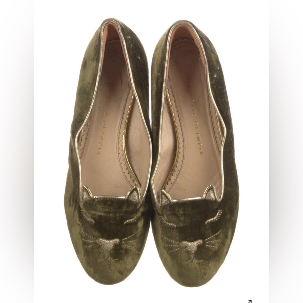 FINAL SALE - Charlotte Olympia olive green velvet kitty flats